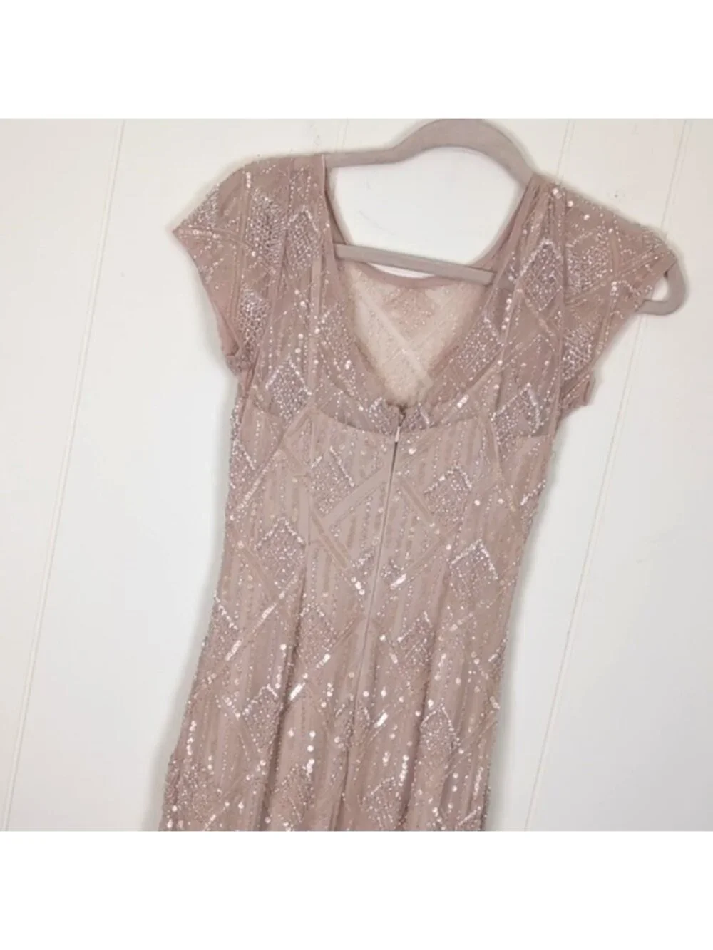 Aidan Mattox Cream Nude Beaded Illusion Gown